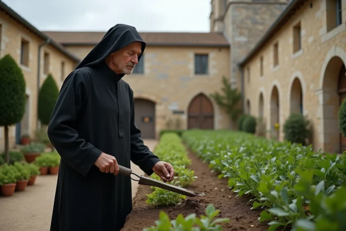 Moine bénédictin en habit noir travaillant dans le jardin potager d'un monastère français en pierre