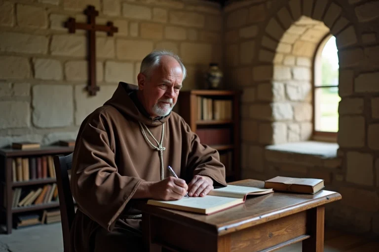 Moine catholique franciscain en habit brun assis à un bureau de pierre dans un scriptorium monastique, écrivant dans un registre