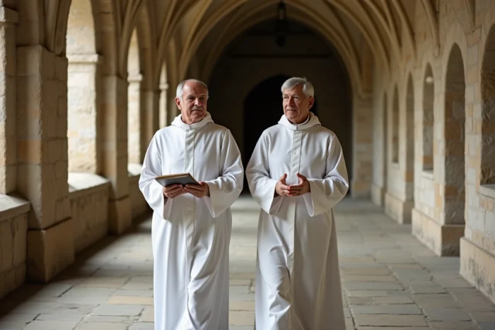 Deux moines dominicains en habit blanc discutant dans le couloir voûté d'une abbaye française