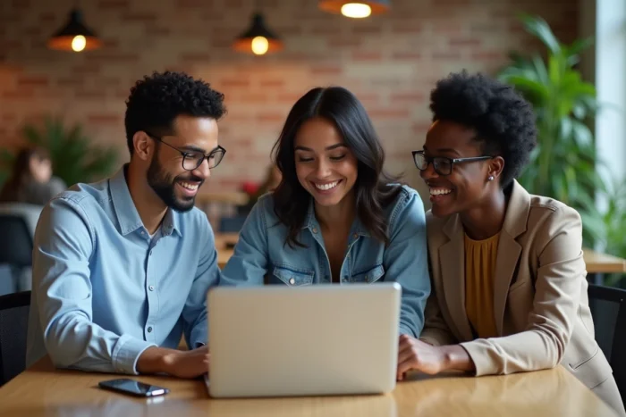 Groupe de jeunes professionnels en réseau dans un espace de coworking discutant de stratégies de recherche d'emploi