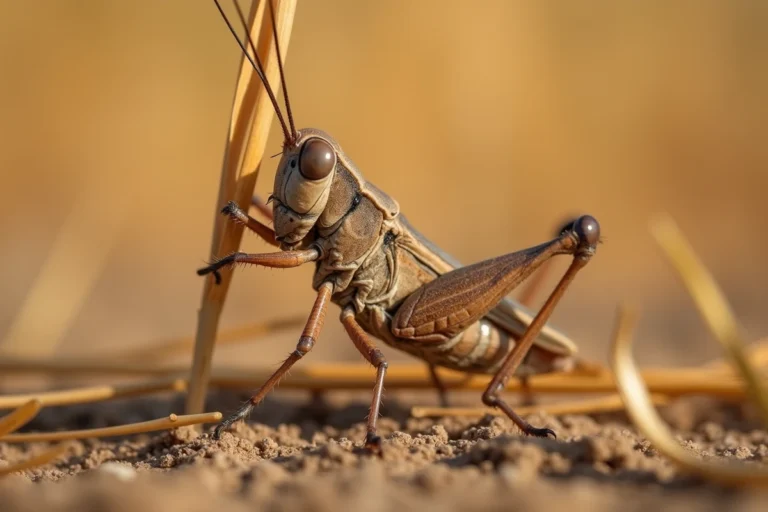 Nymphe de sauterelle marron accrochée à une tige d'herbe sèche, montrant ses ailes en développement et la texture détaillée de son exosquelette