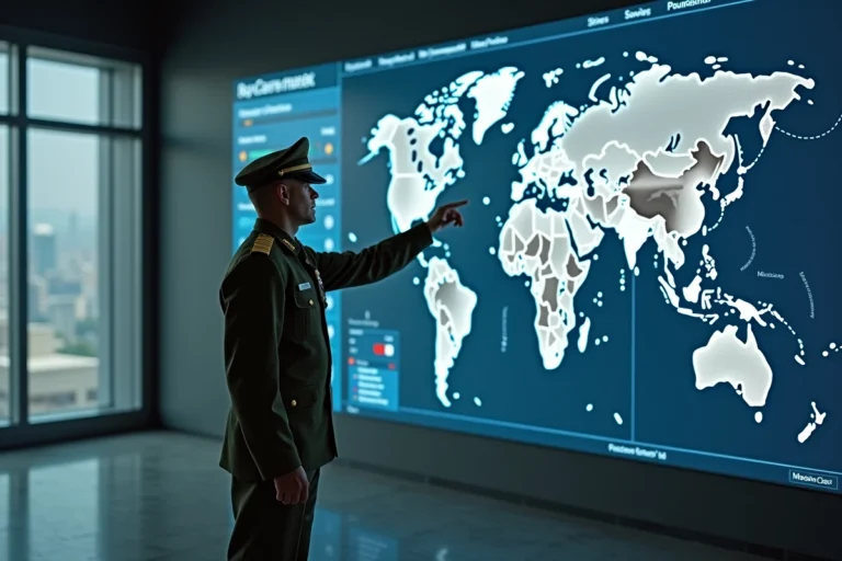 Officier militaire analysant une carte géopolitique mondiale dans un centre de commandement moderne