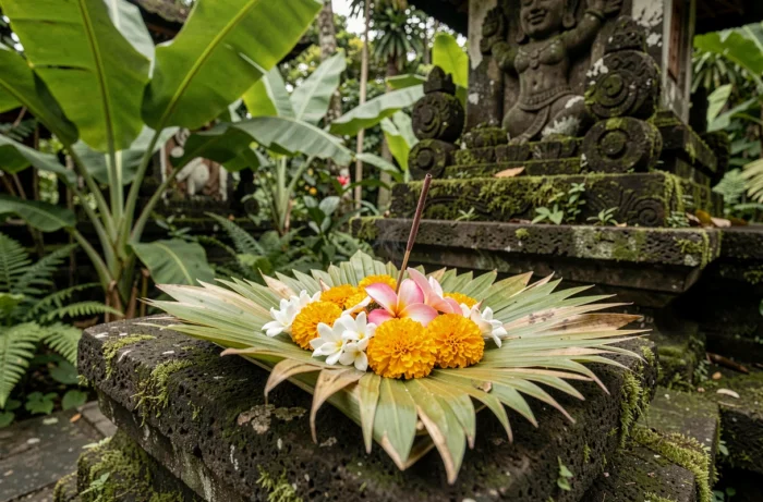 Offrande balinaise canang sari avec fleurs de jasmin blanc, soucis et frangipanier sur un autel en pierre moussue dans un jardin tropical d'Ubud