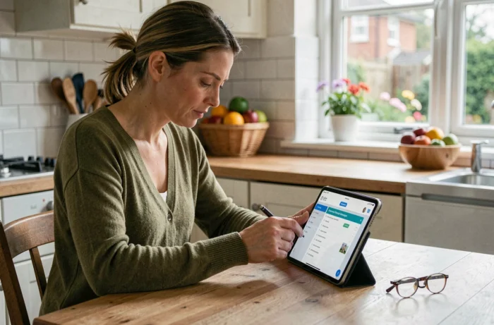 Parent consultant le carnet de correspondance Pronote sur une tablette dans la cuisine