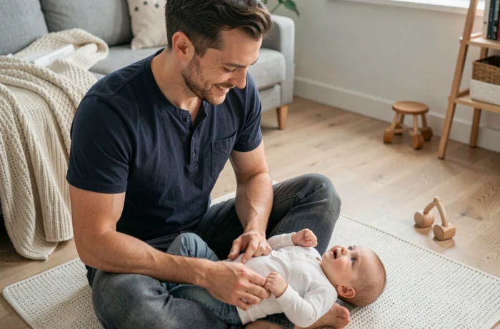 Père souriant jouant avec son bébé allongé sur un tapis d'éveil dans un salon au style scandinave