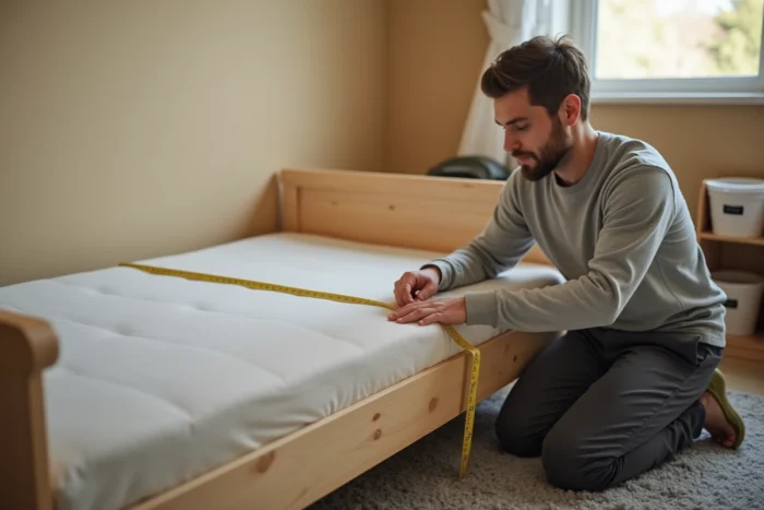 Père mesurant les dimensions d'un lit évolutif pour bébé dans une chambre enfant moderne