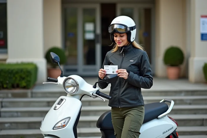 Femme tenant son permis de conduire devant un scooter 125 cm3 blanc à l'entrée d'un bâtiment administratif