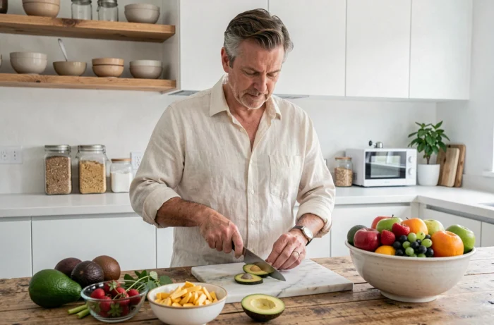Homme préparant un petit-déjeuner sain et équilibré dans une cuisine moderne pour adopter de bonnes habitudes alimentaires