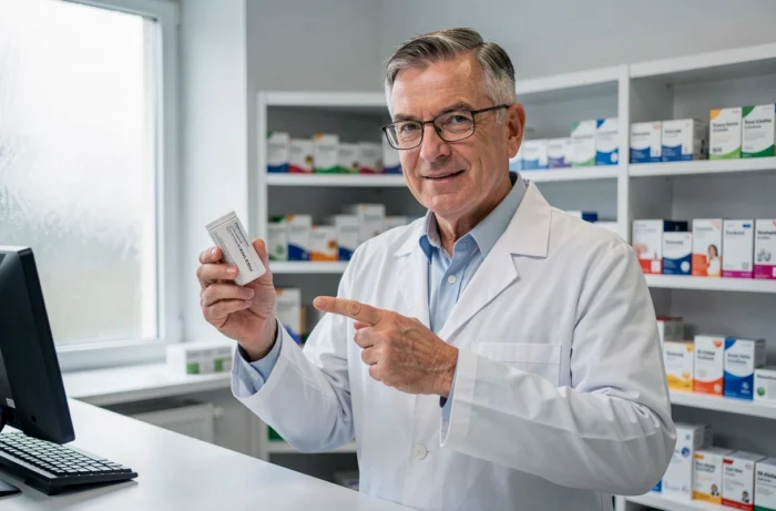 Pharmacien expliquant le mode d'utilisation d'une pommade médicamenteuse derrière le comptoir d'une pharmacie