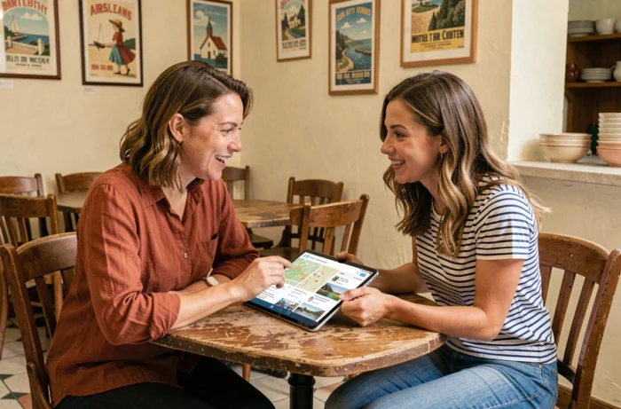 Deux femmes consultant ensemble une tablette pour planifier leur itinéraire en Bretagne dans un café traditionnel