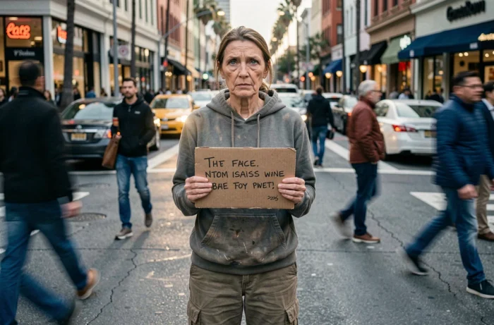 Portrait éditorial d'une femme tenant un panneau en carton dans une rue animée de Los Angeles, symbole d'un parcours de vie bouleversant