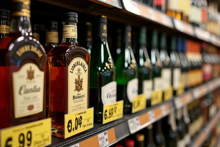 Étiquettes de prix sur des bouteilles de whisky, gin et cava dans un supermarché espagnol à la Jonquera