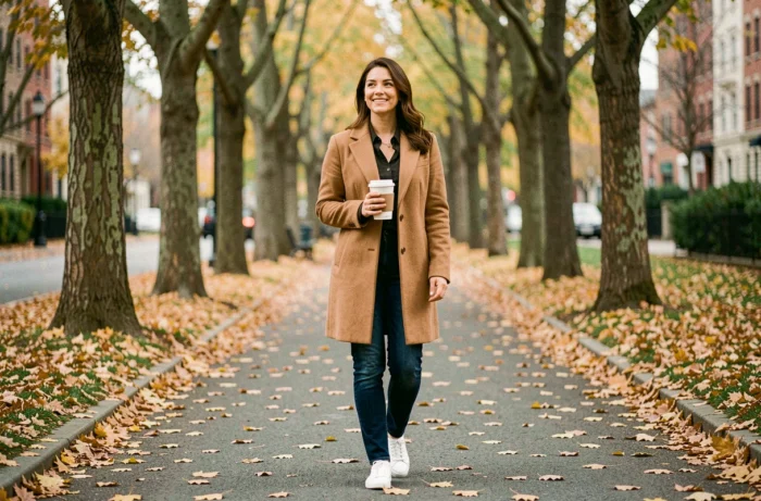 Femme se promenant sereinement dans un parc en automne avec un café pour cultiver le bien-être au quotidien