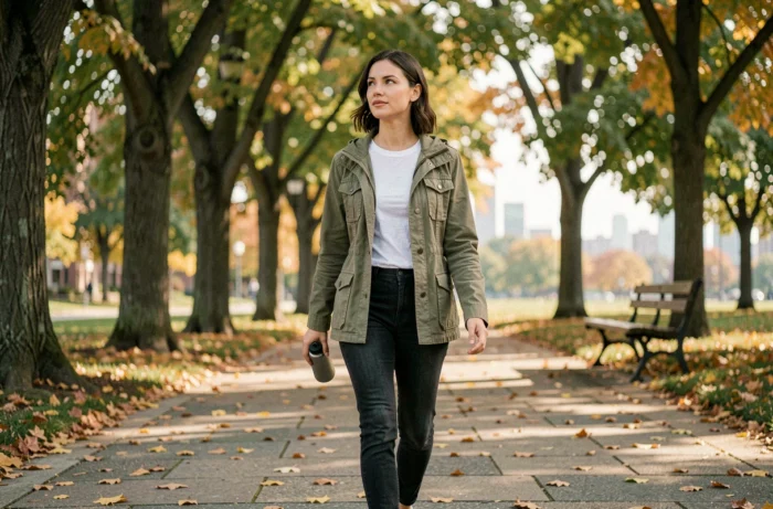 Femme se promenant dans un parc en automne pour améliorer son bien-être mental et physique au quotidien