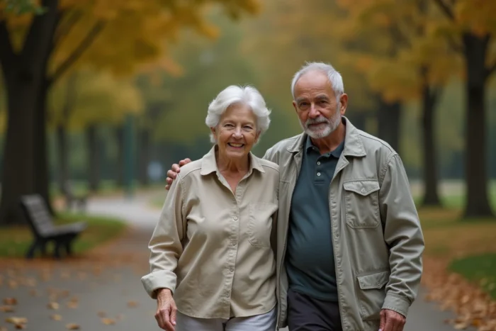 Une personne âgée se promène en compagnie d'un aidant dans un parc en automne, symbolisant le soutien aux seniors au quotidien