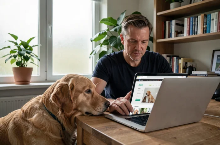 Homme recherchant un animal de compagnie à adopter en ligne sur un ordinateur portable avec son chien à ses pieds