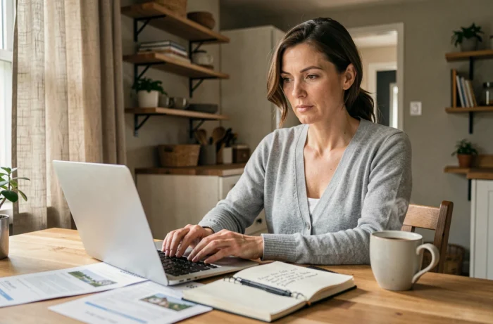 Femme analysant des annonces immobilières sur ordinateur portable à sa table de cuisine