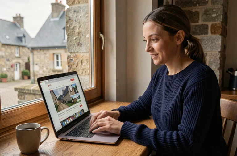 Femme explorant un site touristique breton sur son ordinateur portable dans une maison en pierre typique de Bretagne