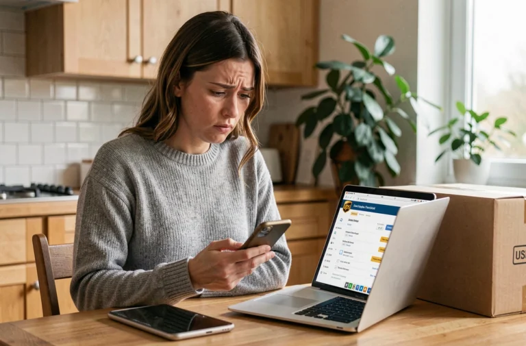 Femme consultant le suivi de colis UPS sur son ordinateur portable pour faire une réclamation après un retard de livraison