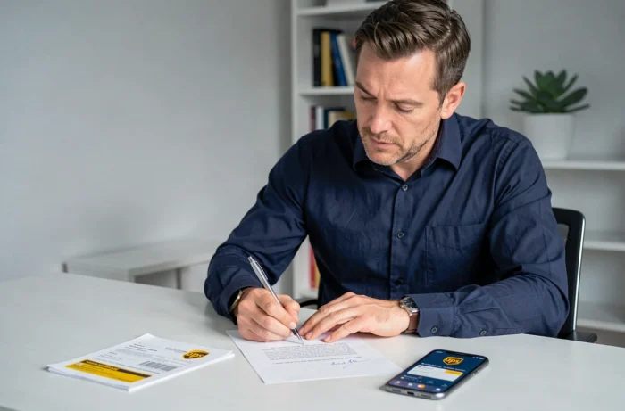 Homme rédigeant une lettre de réclamation officielle suite à un retard de colis UPS depuis son bureau à domicile