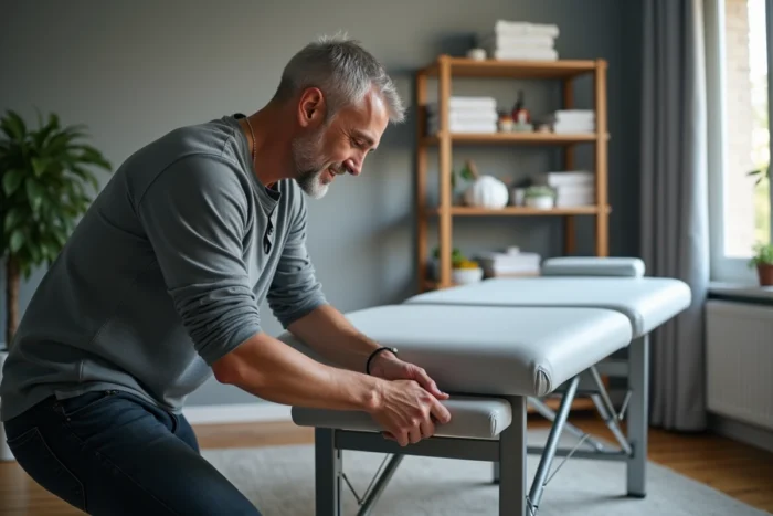 Homme réglant la hauteur d'une table de massage pliante à mécanisme ergonomique dans un espace dédié à domicile