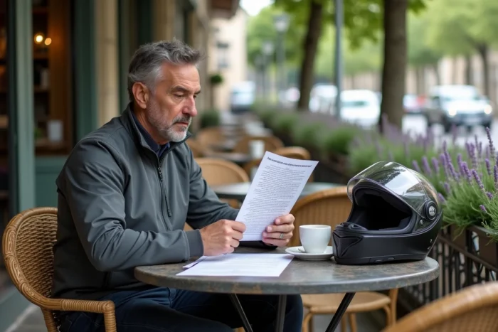 Homme consultant un document sur les conditions du permis B pour la moto 125 cm3 en terrasse de café