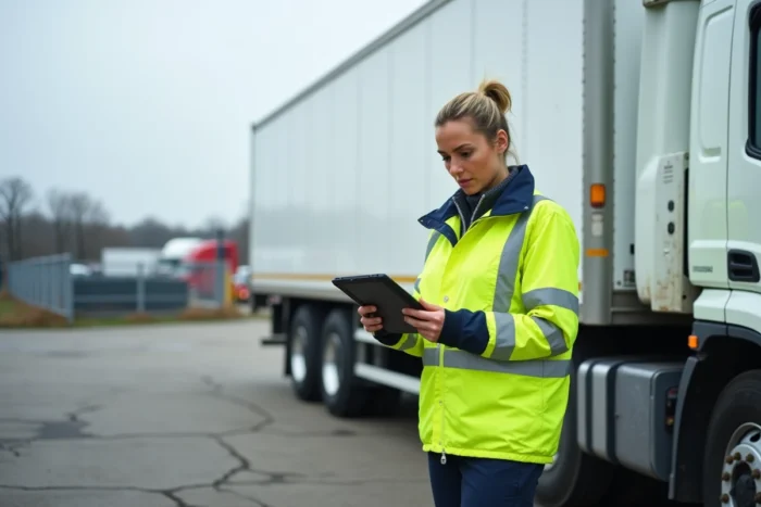 Responsable logistique consultant les données de température d'un camion frigorifique à l'arrêt dans un parc de transport