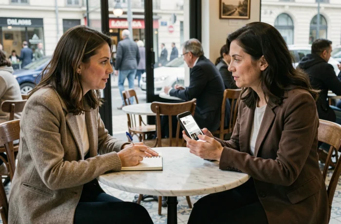 Deux femmes discutant des retours clients de la boutique Lucie Roussel autour d'un café