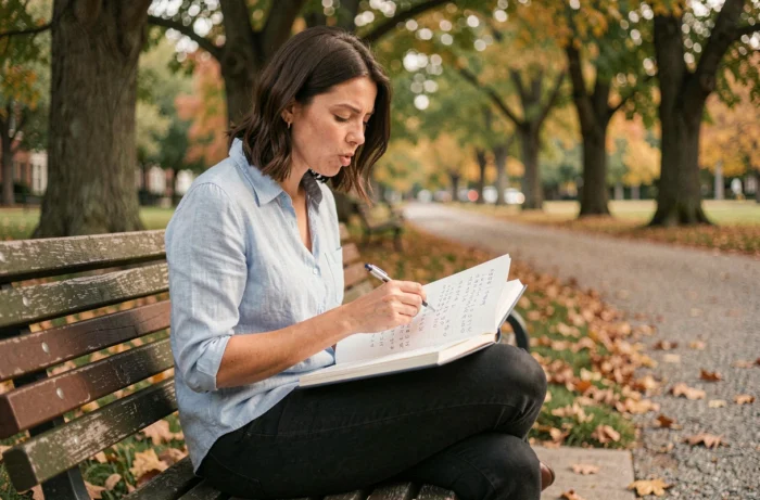 Femme révisant la conjugaison du verbe partir au présent dans un cahier sur un banc de parc en automne