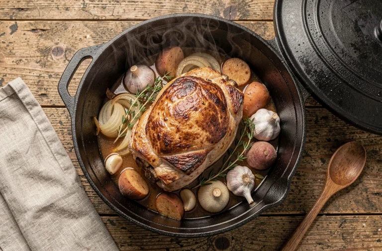 Rôti de porc doré dans une cocotte en fonte avec légumes et herbes aromatiques, vue de dessus