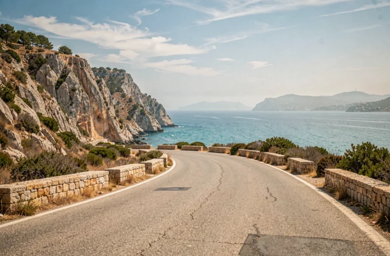 Route côtière sinueuse en Corse entre Ajaccio et Propriano longeant la mer Méditerranée