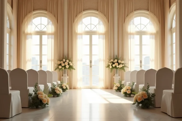 Salle de mariage élégante et intime avec chaises blanches et arrangements floraux discrets, évoquant une cérémonie privée et mystérieuse