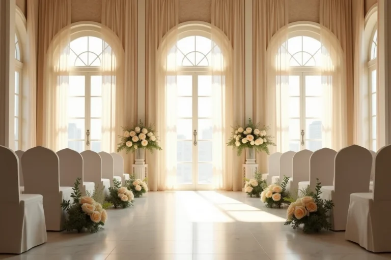 Salle de mariage élégante et intime avec chaises blanches et arrangements floraux discrets, évoquant une cérémonie privée et mystérieuse