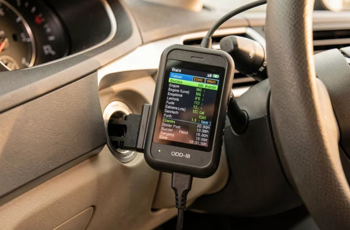 Scanner OBD-II branché sous le tableau de bord d'une voiture affichant des codes de diagnostic moteur en temps réel