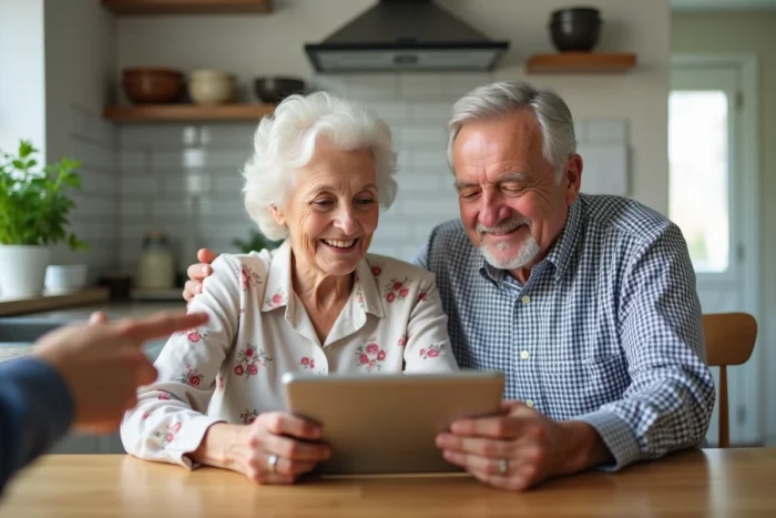 Un couple de seniors apprend à utiliser une tablette numérique à la cuisine, représentant l'intégration des technologies pour aider les personnes âgées