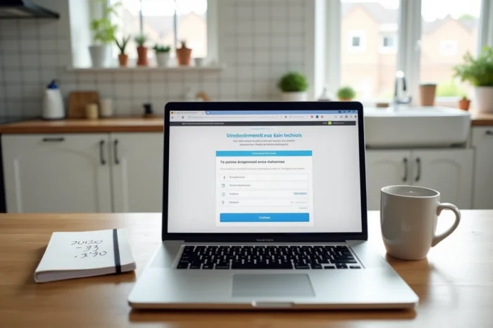 Ordinateur portable affichant un simulateur d'indemnités chômage posé sur une table de cuisine avec un cahier de calculs