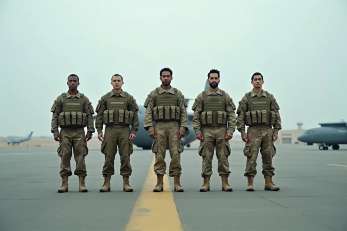 Groupe de soldats en tenue de combat en formation sur une base militaire aérienne internationale