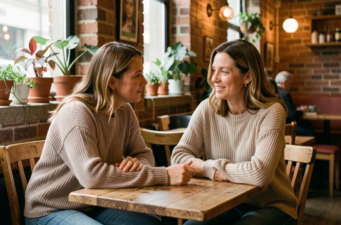 Deux femmes en conversation bienveillante dans un café, illustrant le soutien émotionnel comme forme de soutien social essentiel au bien-être