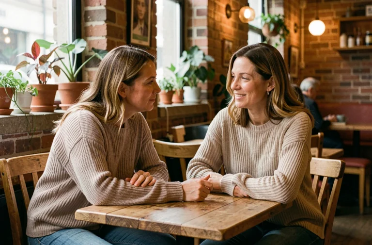 Deux femmes en conversation bienveillante dans un café, illustrant le soutien émotionnel comme forme de soutien social essentiel au bien-être