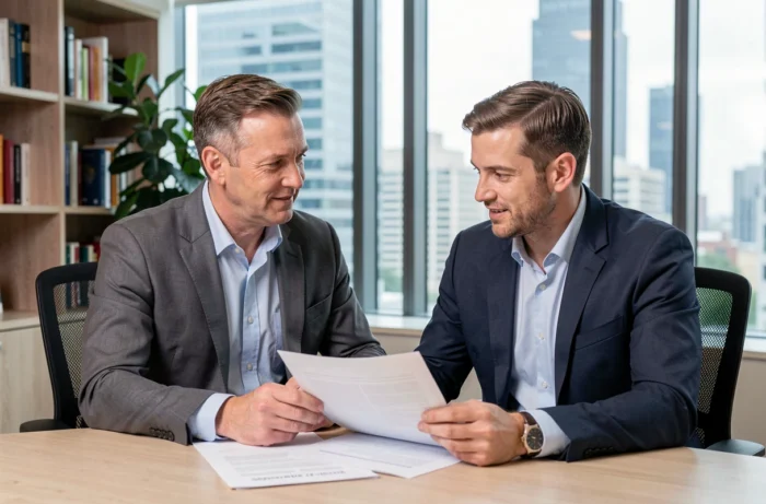 Deux collègues en discussion professionnelle au bureau, illustrant le soutien informatif et professionnel comme pilier du bien-être social au travail