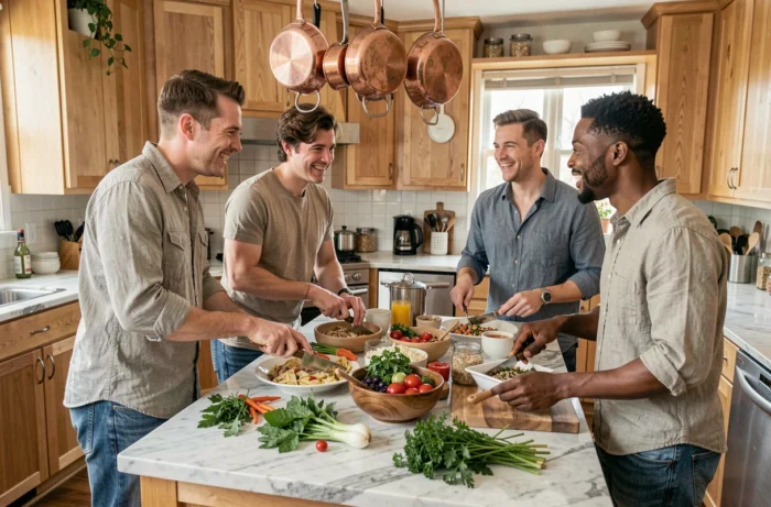 Groupe d'amis cuisinant ensemble à la maison, représentant le soutien social pratique et convivial favorisant le bien-être quotidien