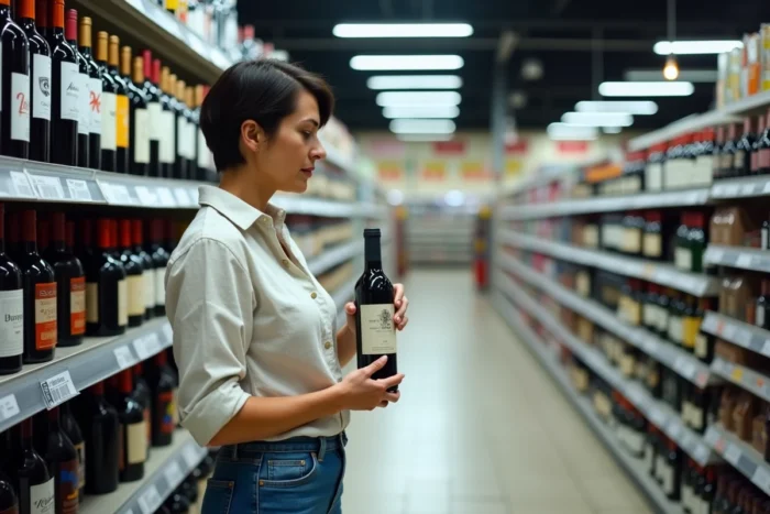 Femme examinant une bouteille de vin dans un supermarché espagnol à la Jonquera, rayons d'alcool en arrière-plan