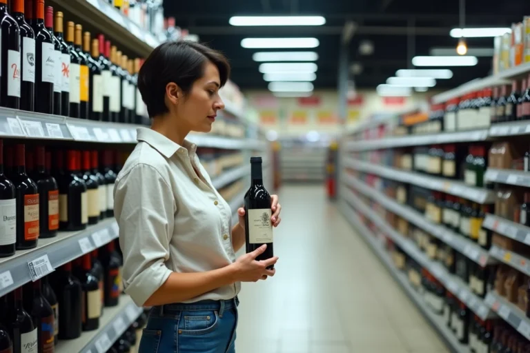 Femme examinant une bouteille de vin dans un supermarché espagnol à la Jonquera, rayons d'alcool en arrière-plan