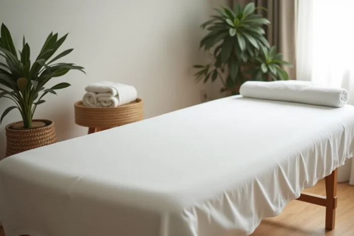 Table de massage à domicile préparée avec drap blanc et accessoires bien-être dans un coin spa apaisant