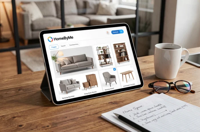 Tablette posée sur un comptoir de cuisine affichant l'interface HomeByMe avec des meubles personnalisés prêts à être importés