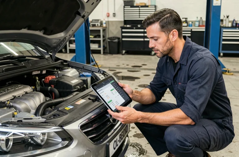 Technicien automobile réalisant un diagnostic électronique sur une voiture dans un garage professionnel avec une tablette OBD