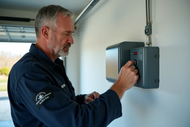 Technicien appuyant sur le bouton de réinitialisation du moteur Hormann SupraMatic E2 dans un garage résidentiel