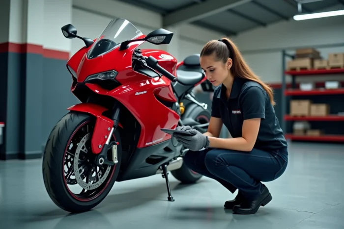 Technicienne experte réalisant un diagnostic professionnel sur une moto dans un centre d'expertise certifié