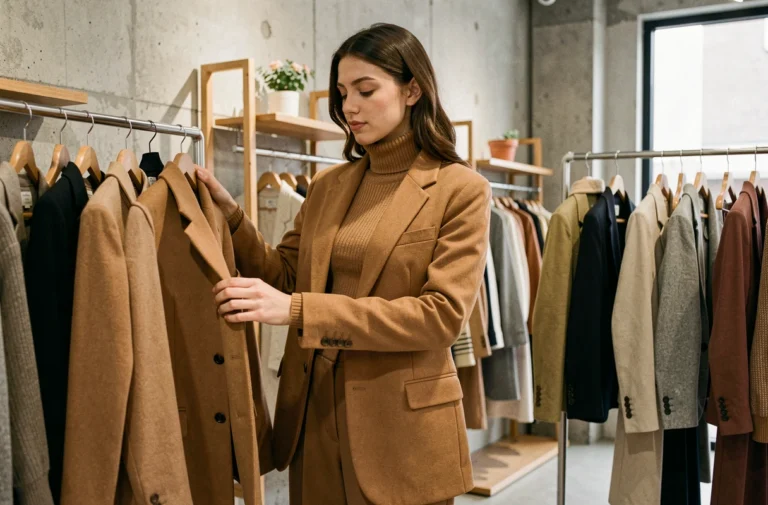 Jeune femme en blazer camel oversize et pantalon large, parcourant les portants d'une boutique de mode minimaliste aux murs en béton brut