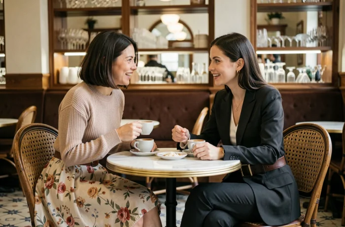 Deux femmes stylées aux looks contrastés discutant autour d'un café dans un bistrot parisien au décor vintage et marbré
